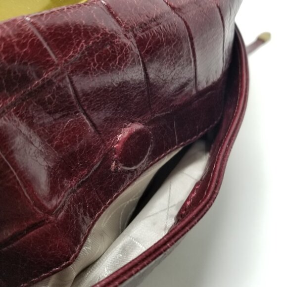 Badgley Mischka Dark Burgundy Red Faux Croc Embossed Leather & Brown Handbag - Picture 14 of 16
